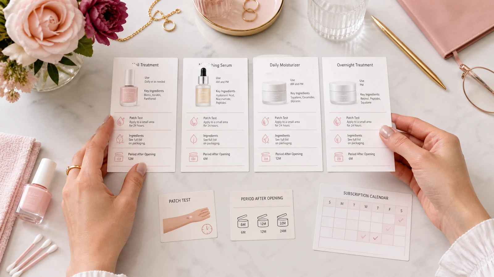 Nail and skincare products compared by ingredients, patch test, opening period and subscription
