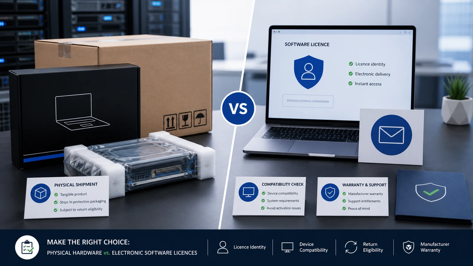 Physical computer hardware compared with electronic software licence delivery and compatibility