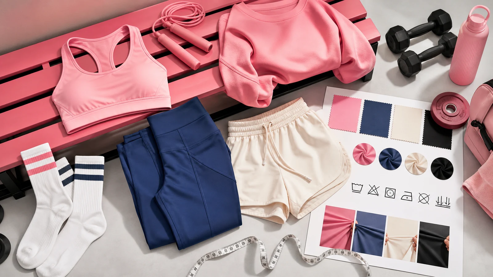 Women's activewear flat lay with sports bra, leggings, shorts, fabric swatches and measuring