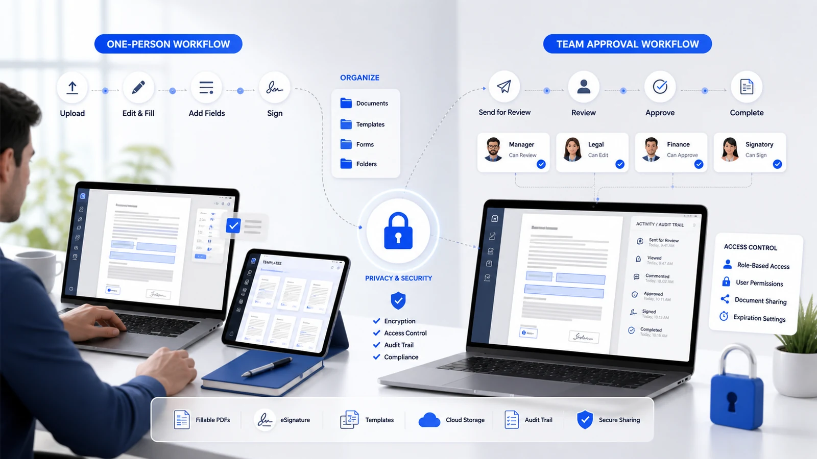 Professional PDF editing and eSignature workflow across laptop, tablet, templates and approval