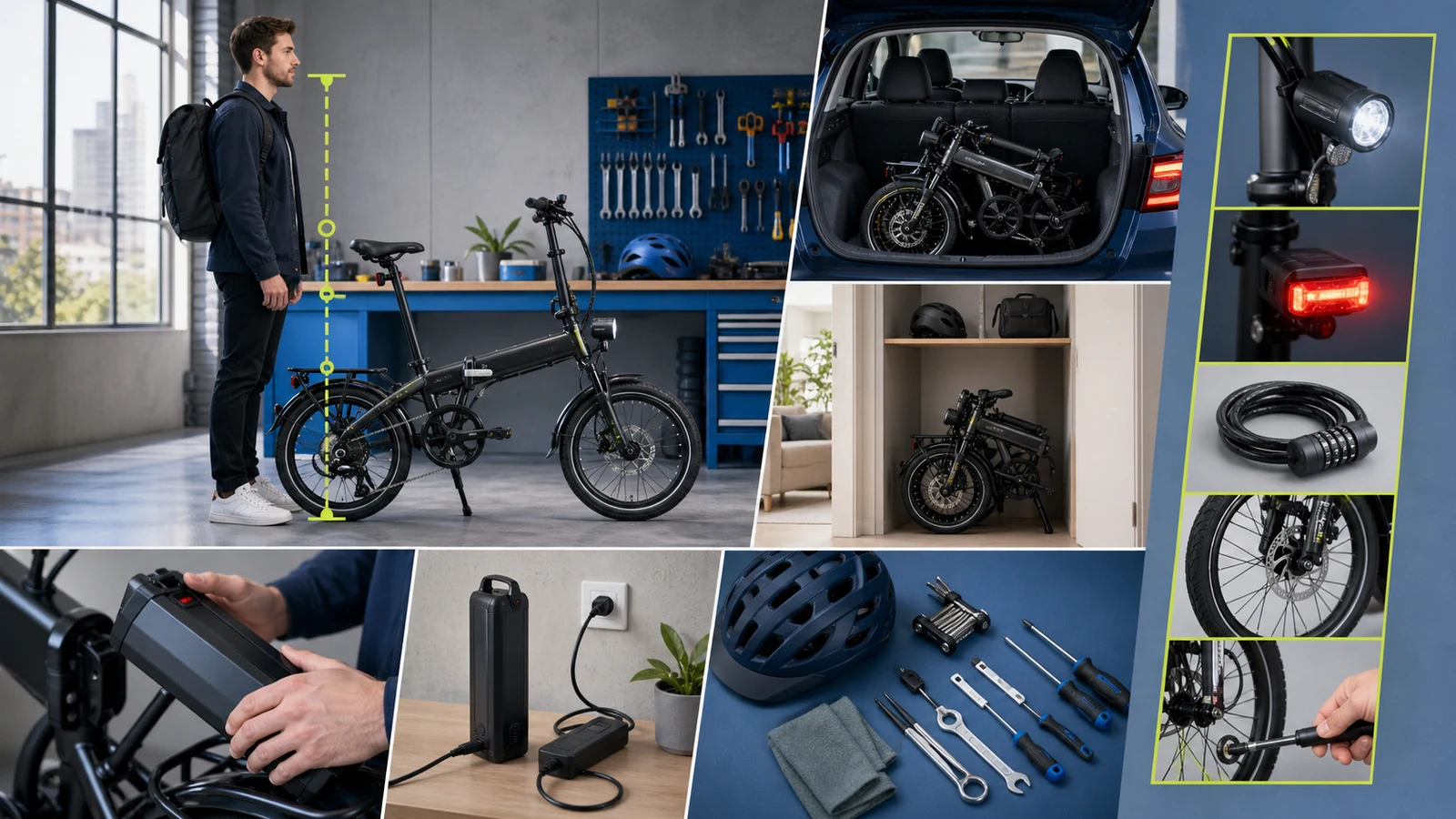 Compact folding e-bike compared by rider fit, storage, battery charging, safety equipment and