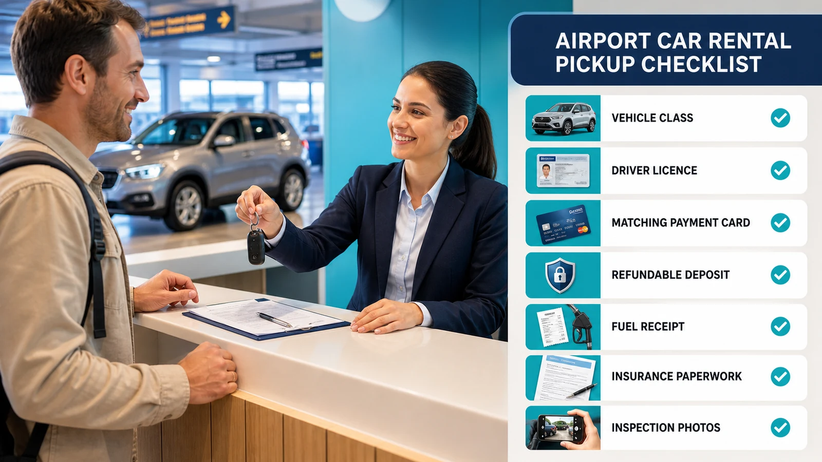 Airport rental pickup with vehicle class, licence, matching payment card, deposit, fuel and