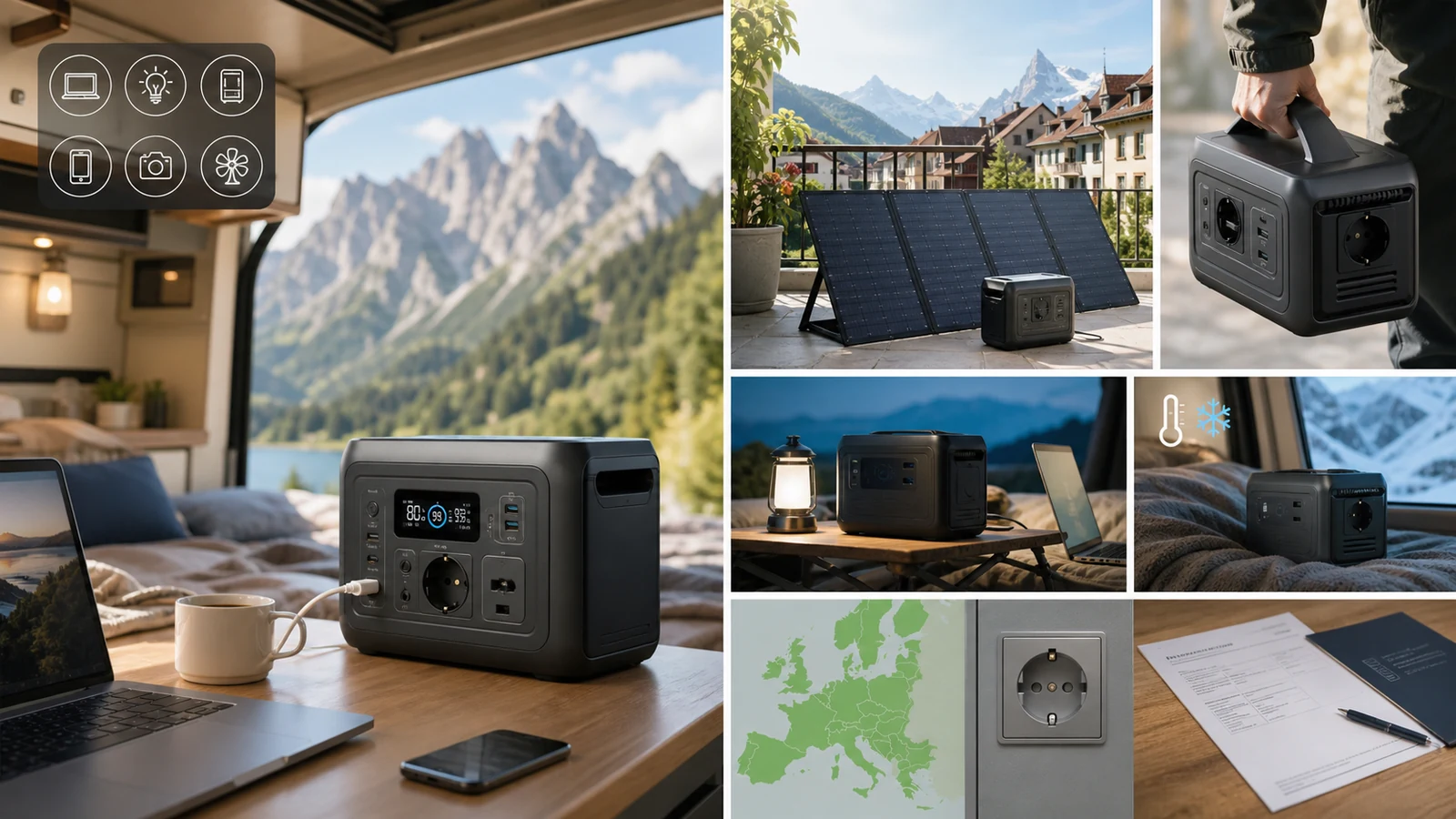 European portable power for campervan, balcony solar, travel weight, cold weather and regional