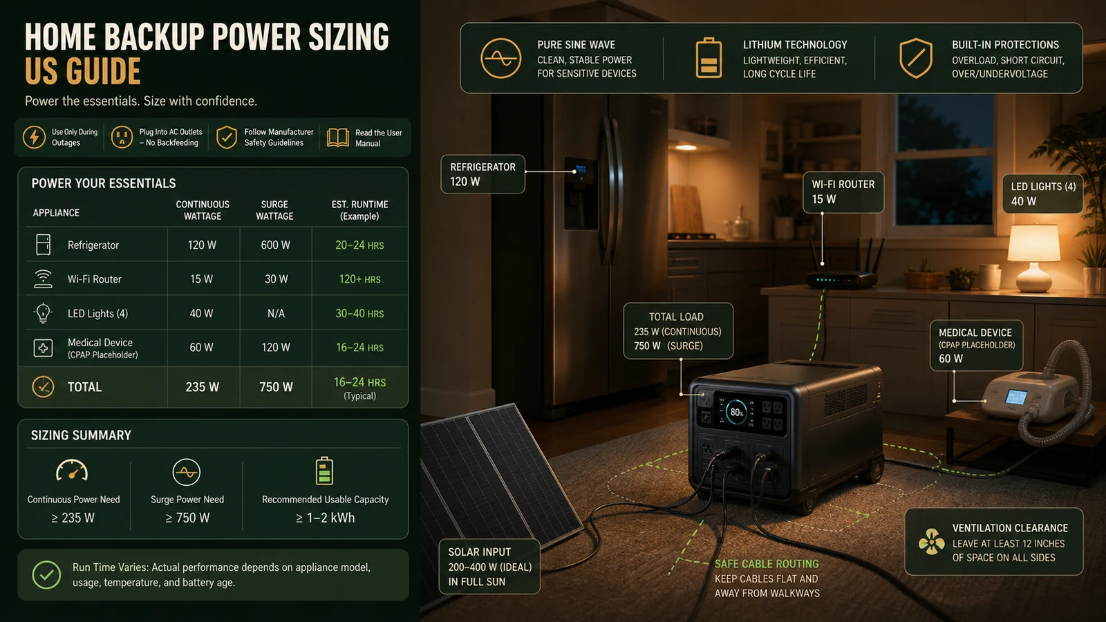 US home backup power plan with essential loads, surge watts, runtime, solar input and safe cable